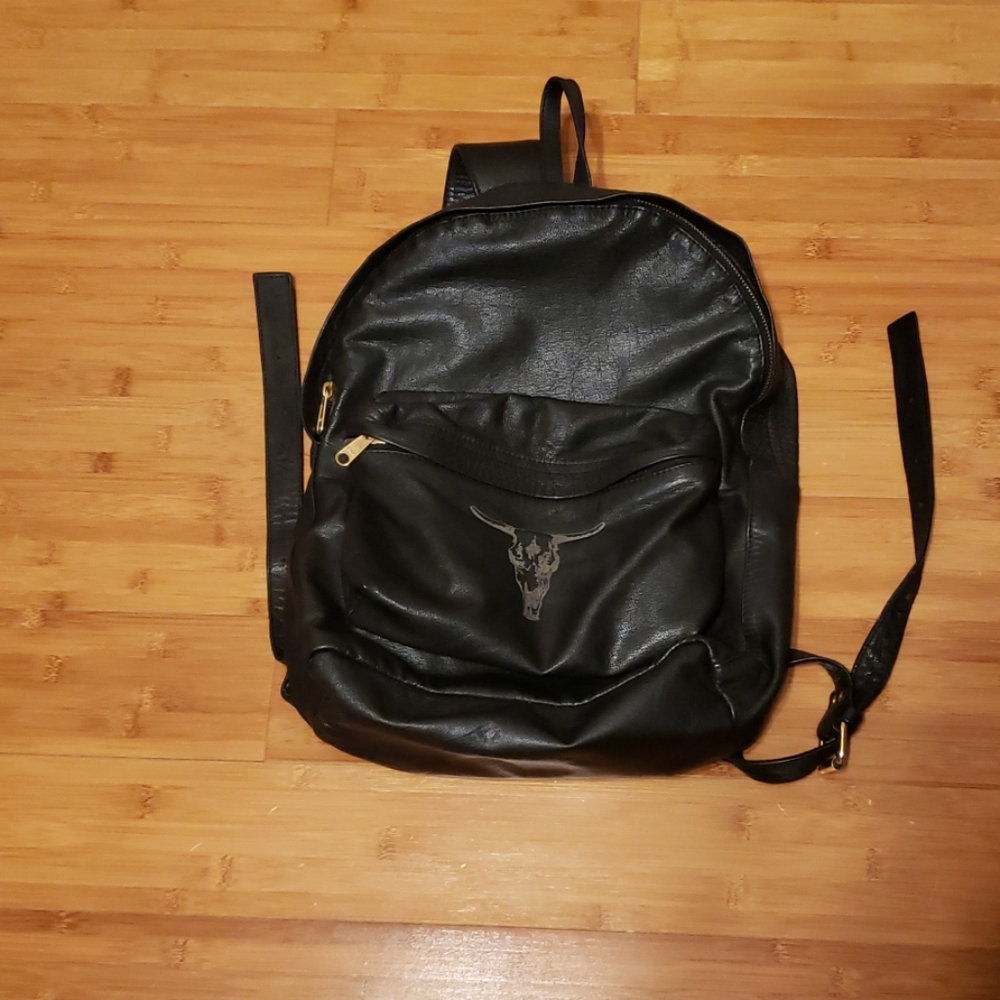 Black Leather Backpack with Bull Skull Accent